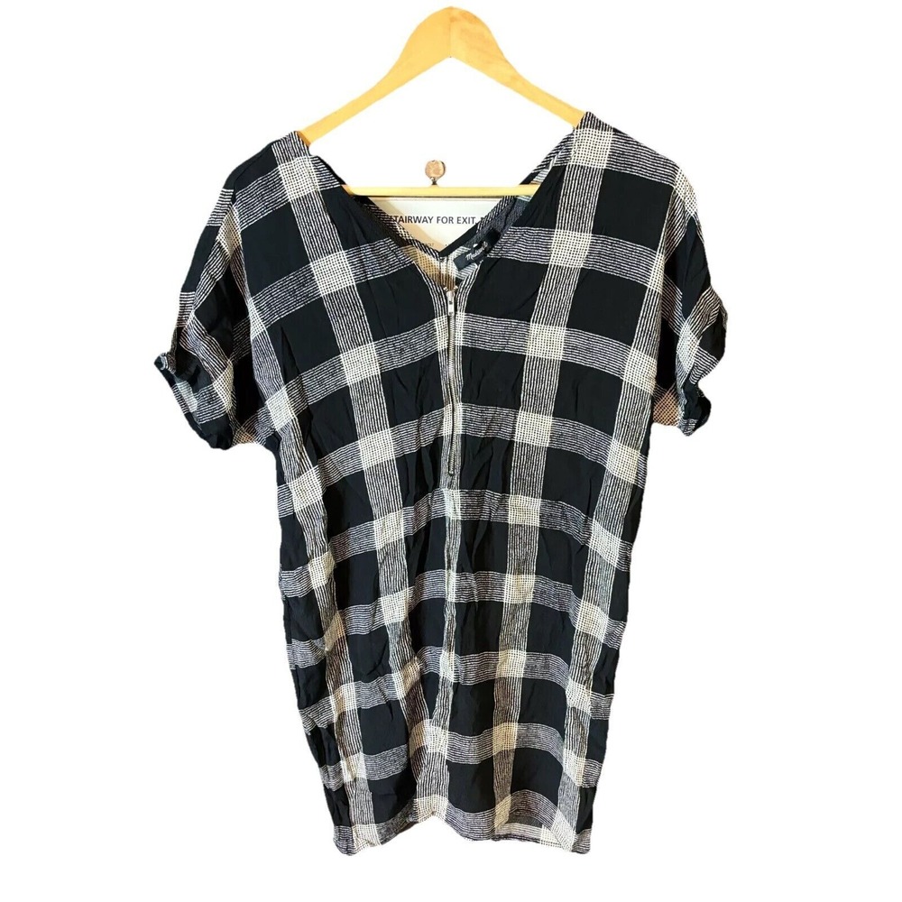 Madewell Shirt Dress Women's XS Black‎ White Buffalo Plaid Viscose Half Zip
